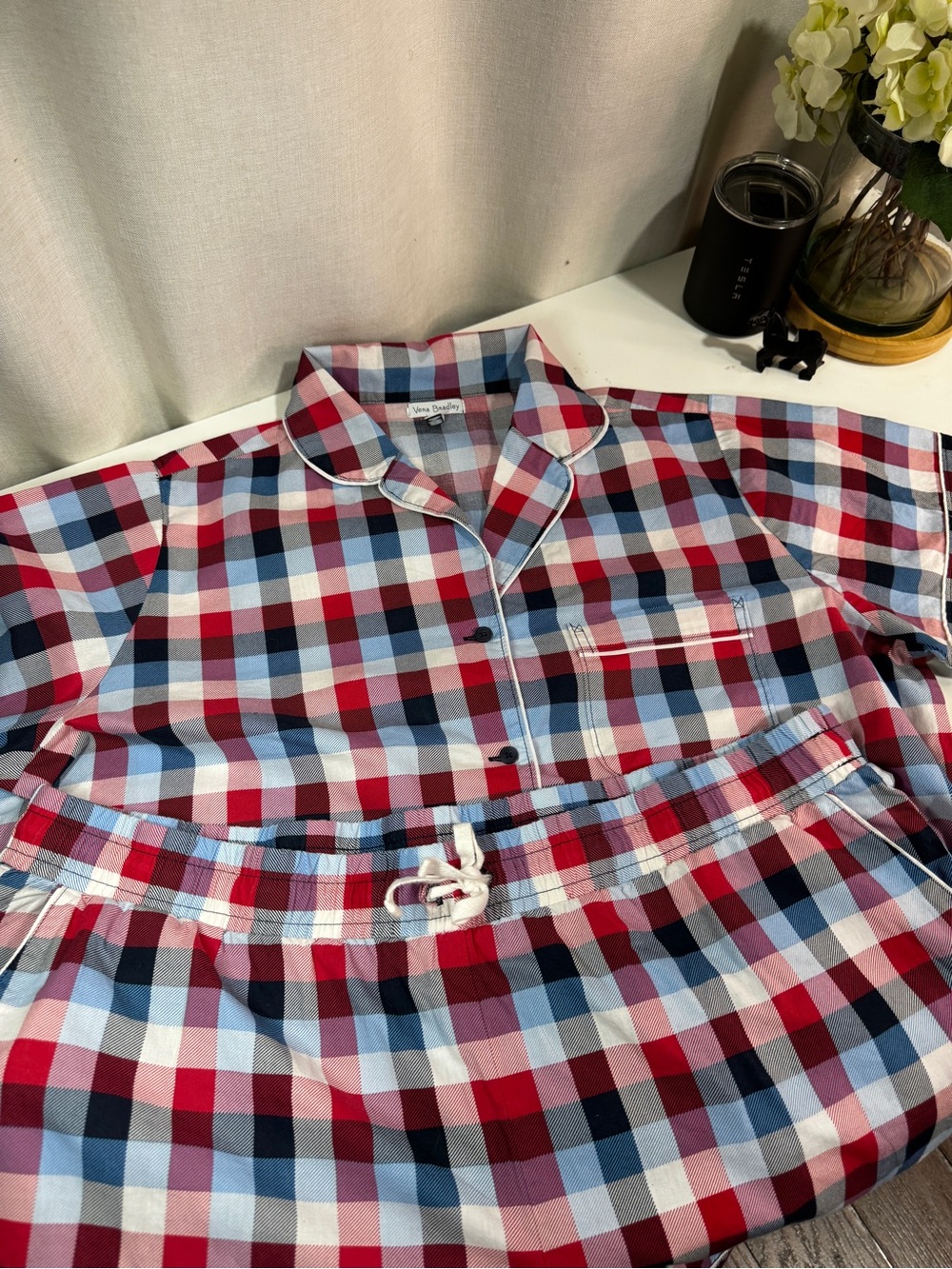 Vera Bradley Women's XL Cotton Plaid Button-Front Pajama Set Short Sleeves